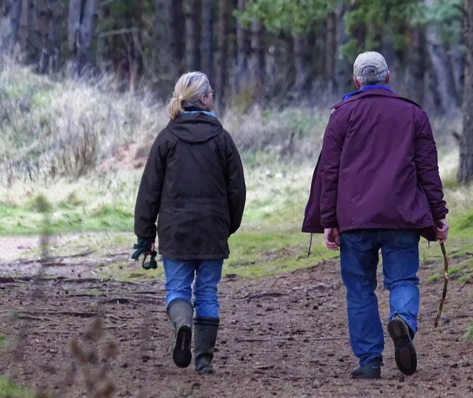 Mann og kvinne sett bakfra, som går tur på en skogssti